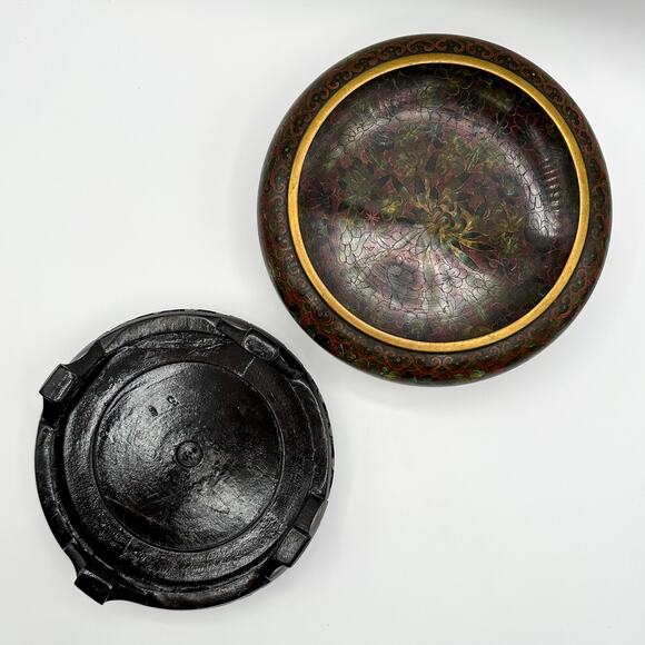 Vintage Chinese Cloisonne Enamel Bowl with Carved Lacquer Wood Stand - Picture 8 of 13